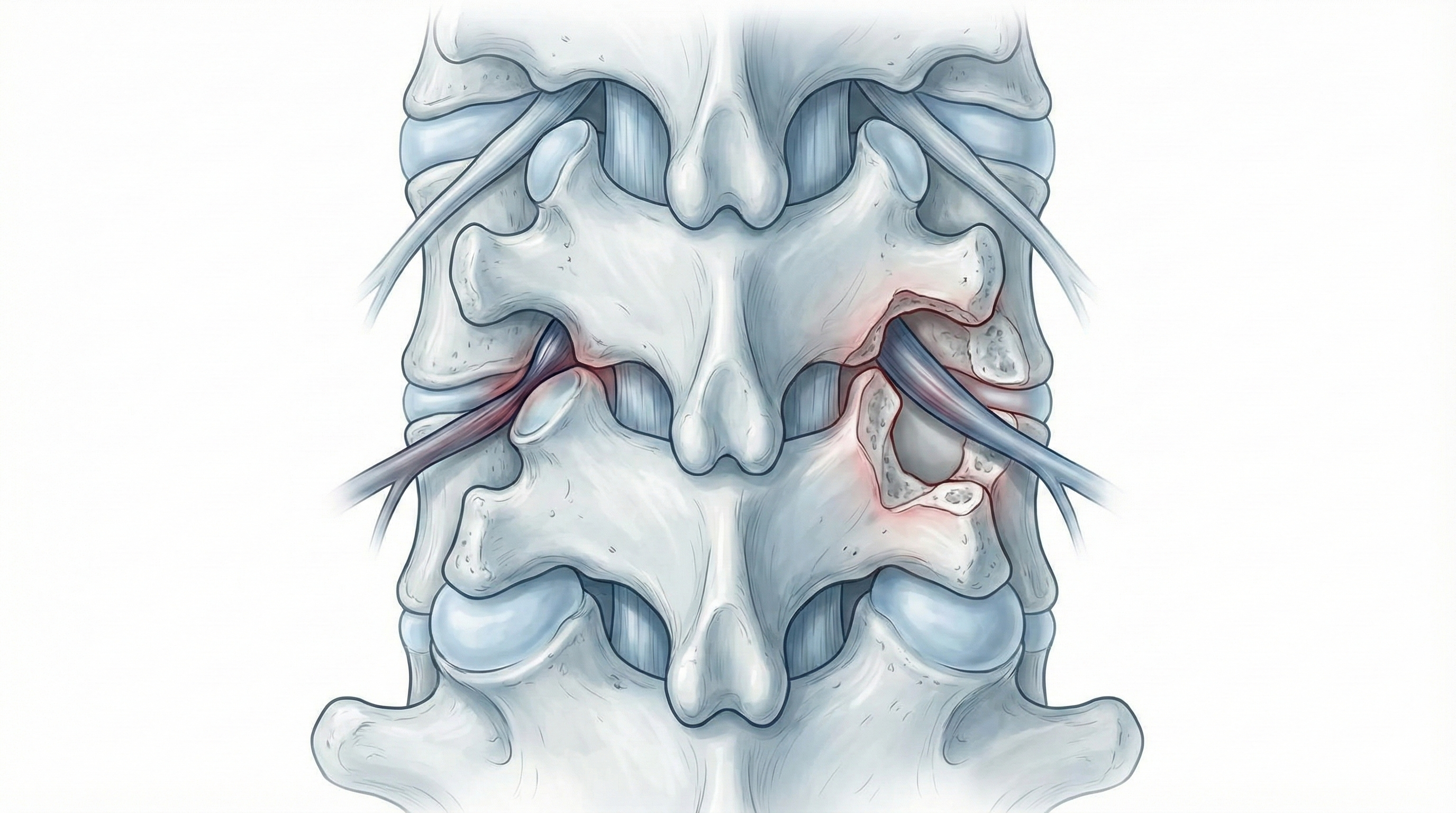 Ilustración médica de columna cervical mostrando compresión foraminal y descompresión selectiva de la raíz nerviosa en una foraminotomía cervical.